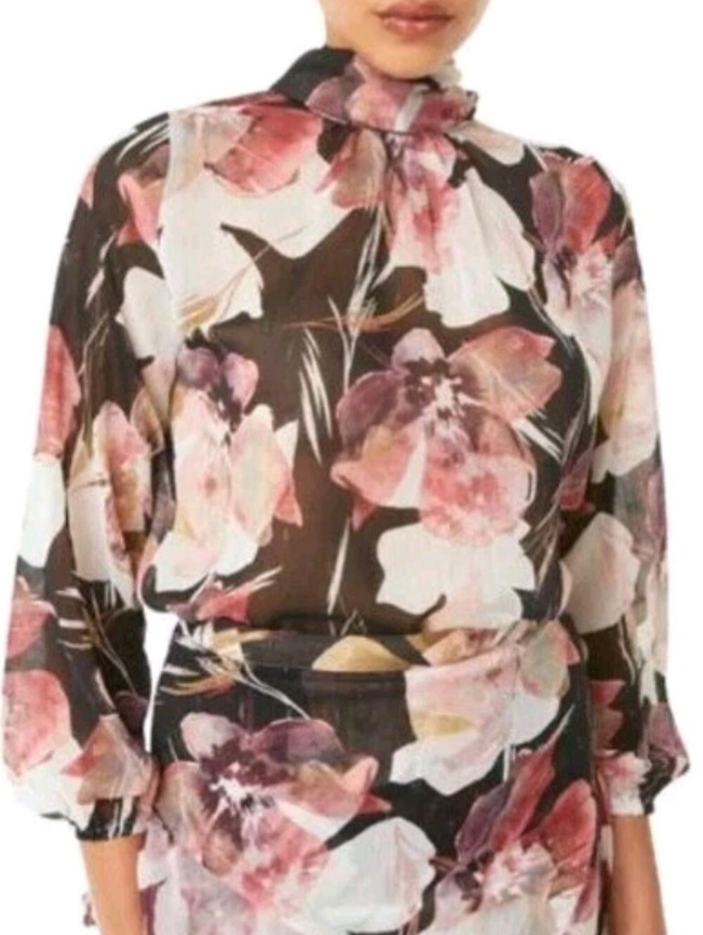MISA Los Angeles Size Medium Lulu Puff-Sleeve Tie-Back Neck Top